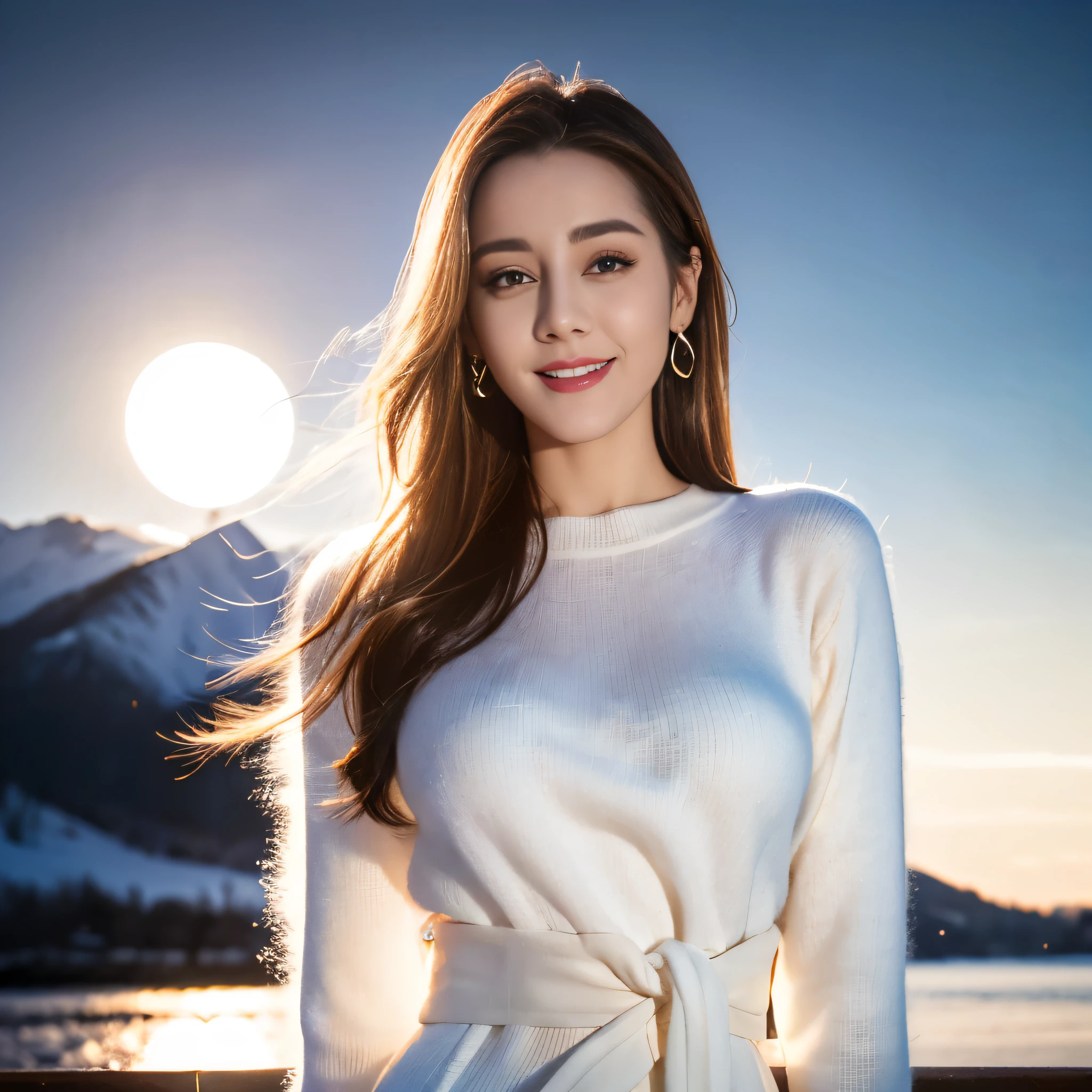 ((Top quality、8K、masterpiece:1.3))、Extremely beautiful,full-body shot,Huge breasts,Breast enlargement,Amazing breast size,G cup,Half breast exposed。Wear big earrings,Very white skin,Hydrating red lips,Very thin waist,Very thin thighs,Big Ass,Fair and smooth skin,Smooth and fair skin,Flawless skin,Fair and shiny skin,Cool white skin,Camera focuses on breasts,Bright Light,White sweater,Lower body exposed,White hair,White hair,Blizzard,Snow Mountain,Sunset,lake,sweet smile,Mouth slightly open