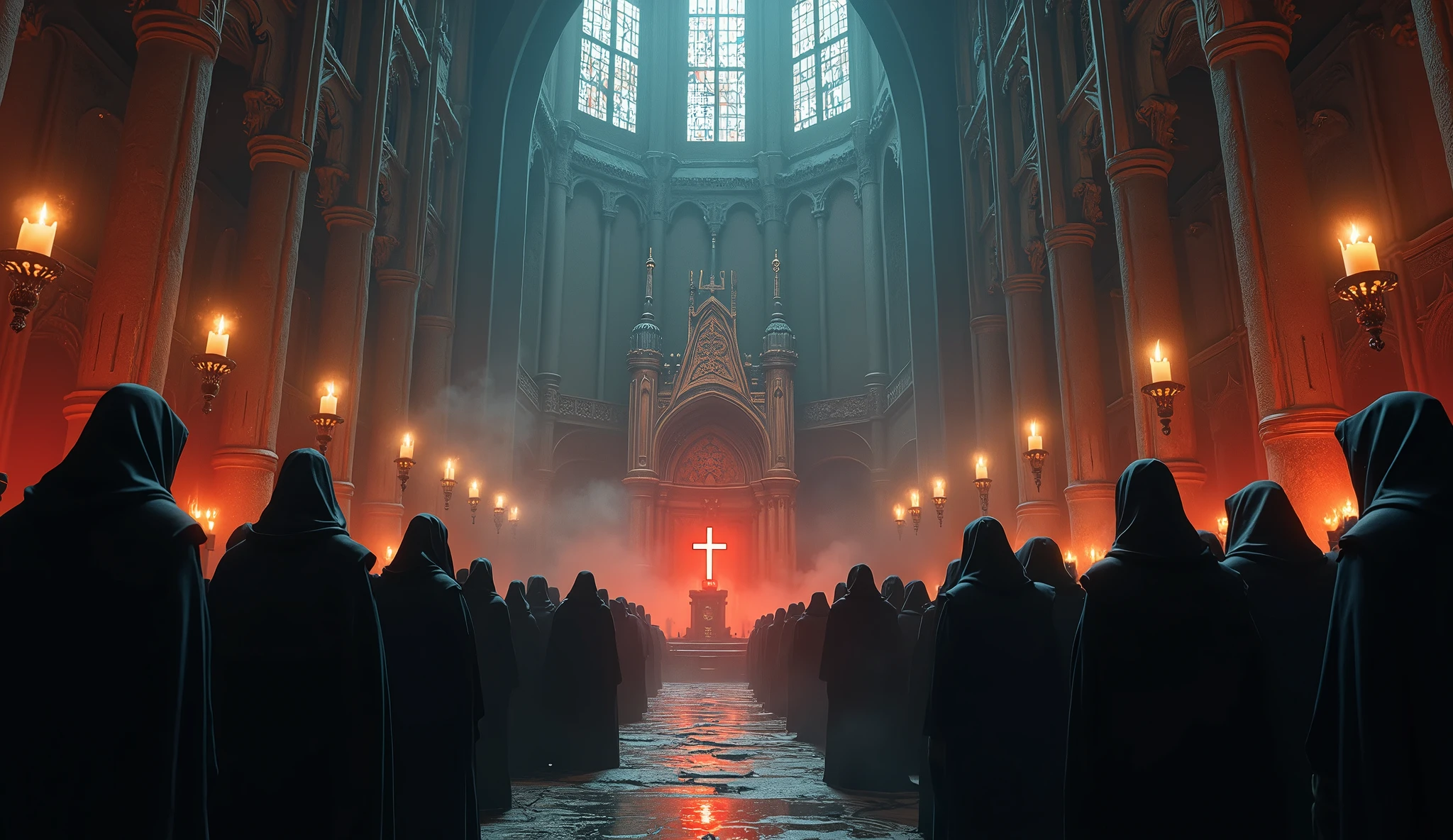 8k、knights of the round table ,lots of candles ,large stained glass,(Extreme low angle), (number々の賞を受賞したmasterpiece、Incredible detail、Texture、Maximum details),red flame candle, (summoning magic),(A ruin with beautiful moonlight in the middle of the night), (dark ritual),(dark organization)arafed image of a group of people in a church with candles,lit candle, dark cinematic concept art, elegant cinematic fantasy art, photorealistic dark concept art, by Beeple, dark robes, wojtek fus, gothic epic library concept, gothic epic library, epic cinematic concept art, dark concept art, Beeple and mike winkelmann, symmetrical epic fantasy art, High resolution, masterpiece, Highest quality, Intricate details, Very detailed, Clear focus, practical skin texture, texture, Shot with Canon, 85mm, Shallow and deep, Kodak Vision Color, Exactly, Very detailed, photograph_\(Extremist\), photographpractical, practical, Post-processing, Maximum details, Roughness, Real Life, Extremist practical, Photorealism, photographgraphy, 8K Ultra HD, photographgraphy