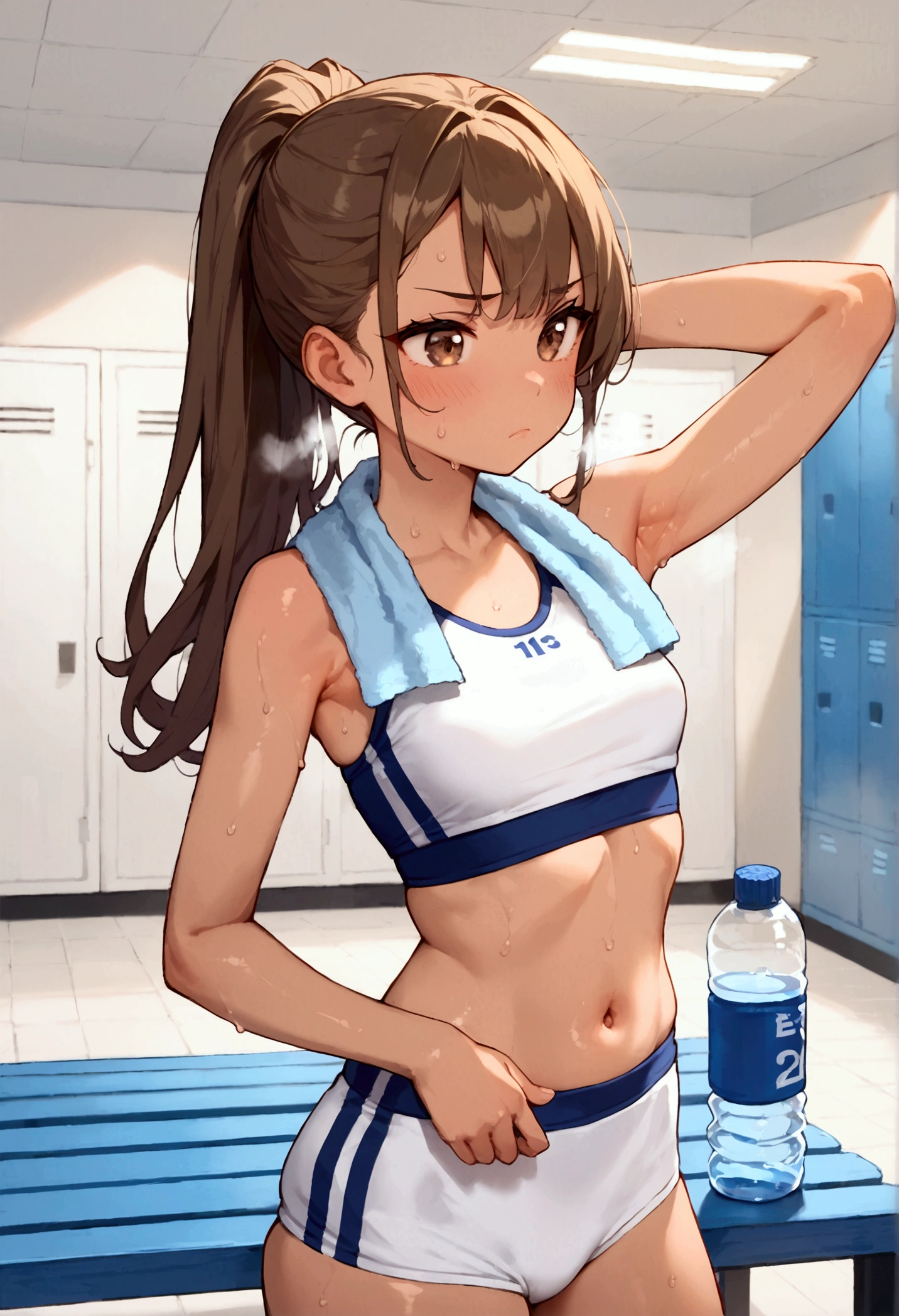 score_9, score_8_up, score_7_up, rating_safe, masterpiece, best quality, very aesthetic, absurdres, 1girl, solo, brown hair, long hair, ponytail, bangs, brown eyes, blush, frown, closed mouth, faint lips, track uniform, small breasts, white sports bra, track uniform, navel, athletes, thighs, skindentation, armpits, tan, sweat, very sweaty, sweaty armpit, breath, steaming body, gleaming skin, armpit forcus, indoors, locker room, (blue bench:1.2), white wall, white floor, whiteboard, standing, water bottle, towel around neck, faint light