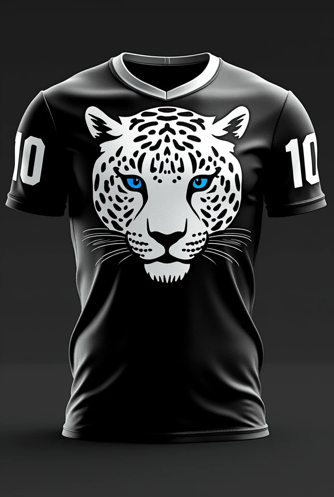 Create a design for a black team jersey with a white leopard with blue eyes horizontally with the number 10 on the sleeves