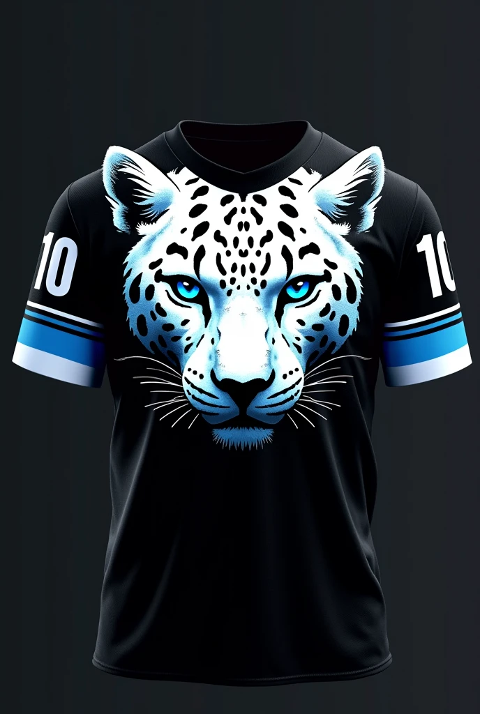 Create a design for a black team jersey with a white leopard with blue eyes horizontally with the number 10 on the sleeves