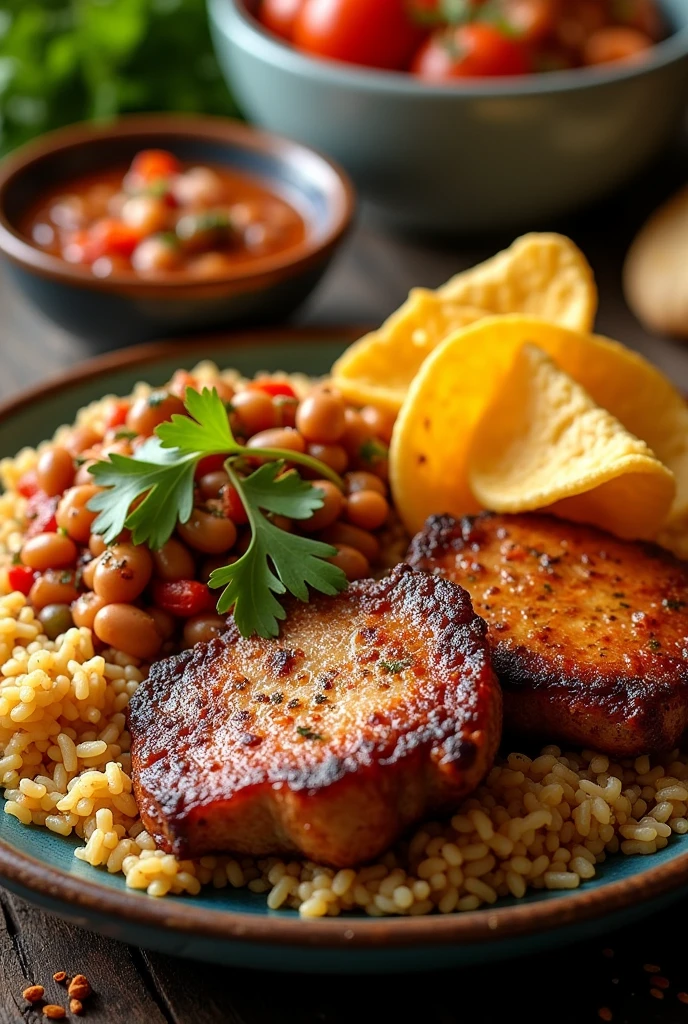 Moorish rice with pork chop, bean stew, chifles and salsa 