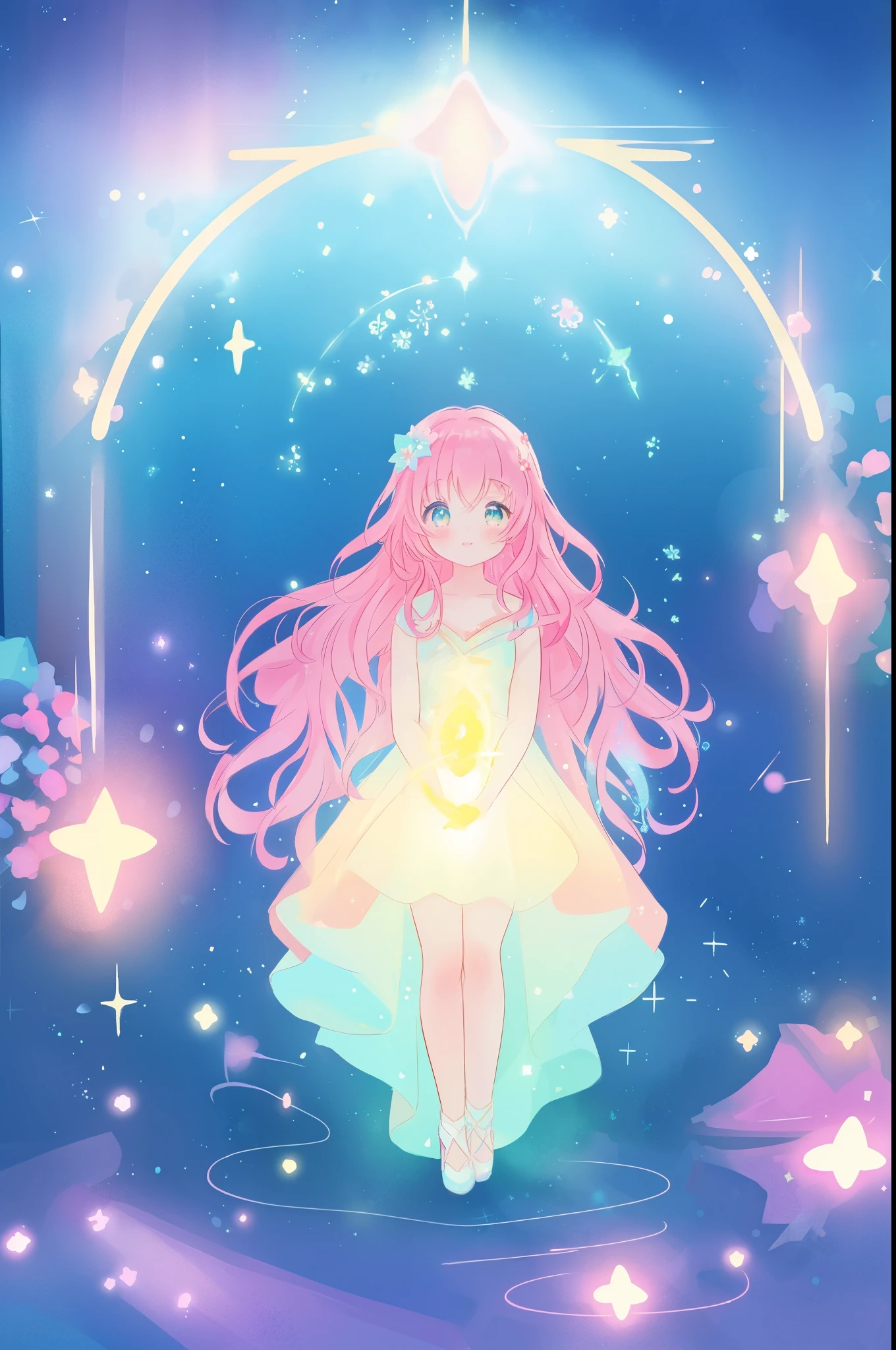 beautiful anime girl in flowing layered ballgown, vibrant pastel colors, (colorful), magical lights, magical flowers, flowers, glowing lights, red pink long wavy hair, sparkling lines of light, inspired by Glen Keane, inspired by Lois van Baarle, disney art style, by Lois van Baarle, glowing aura around her, by Glen Keane, jen bartel, glowing lights! digital painting, flowing glowing hair, glowing flowing hair, beautiful digital illustration, fantasia background, whimsical, magical, fantasy, beautiful face, ((masterpiece, best quality)), intricate details, highly detailed, sharp focus, 8k resolution, sparkling detailed eyes, liquid watercolor