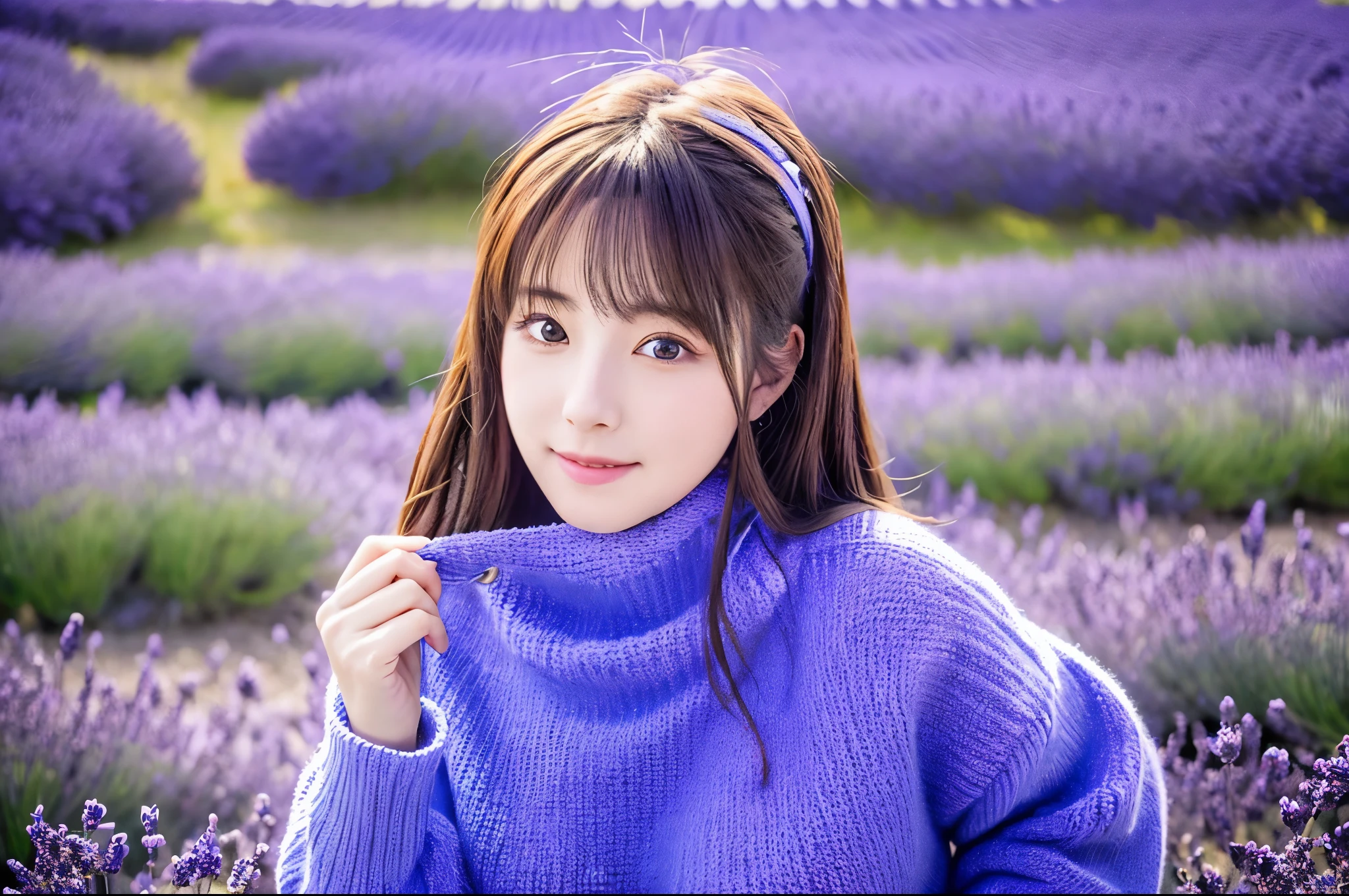 Highest quality masterpiece detailed A very pretty woman is wearing a blue sweater and standing in the lavender fields of Furano Photo style Fantasy Fantasy Close-up