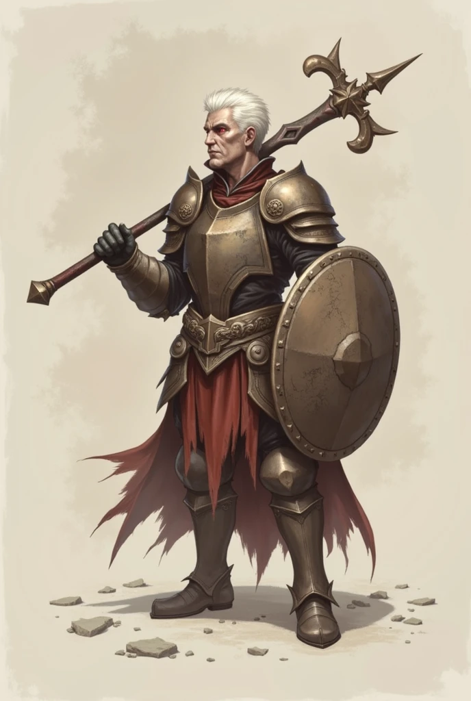 draconian, blacksad, nobleman, fallen paladin, scarlet red eyes, short white hair.
