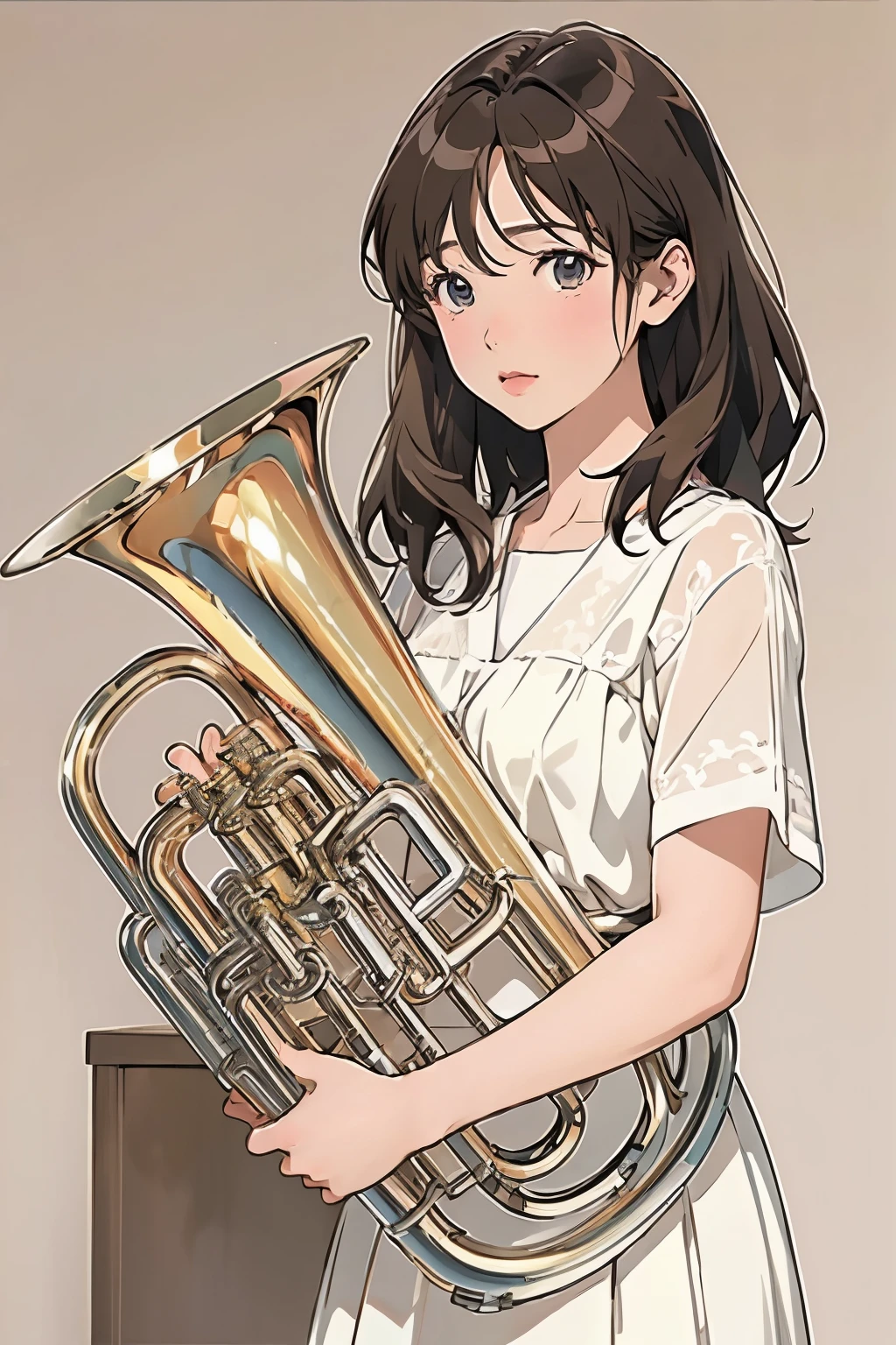 (masterpiece, Highest quality:1.2), (One Girl), I have a euphonium, alone, (Draw the Euphonium Shape Accurately:1.4)、Standing、(From the left diagonal front)、Anime Art、4K、8k、wallpaper、