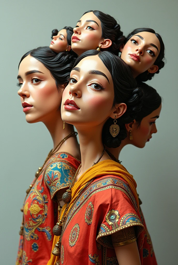 Expressionist artwork images of multiple floating ceramic heads of Indian women, 3d collage style, make it weird and gallery worthy