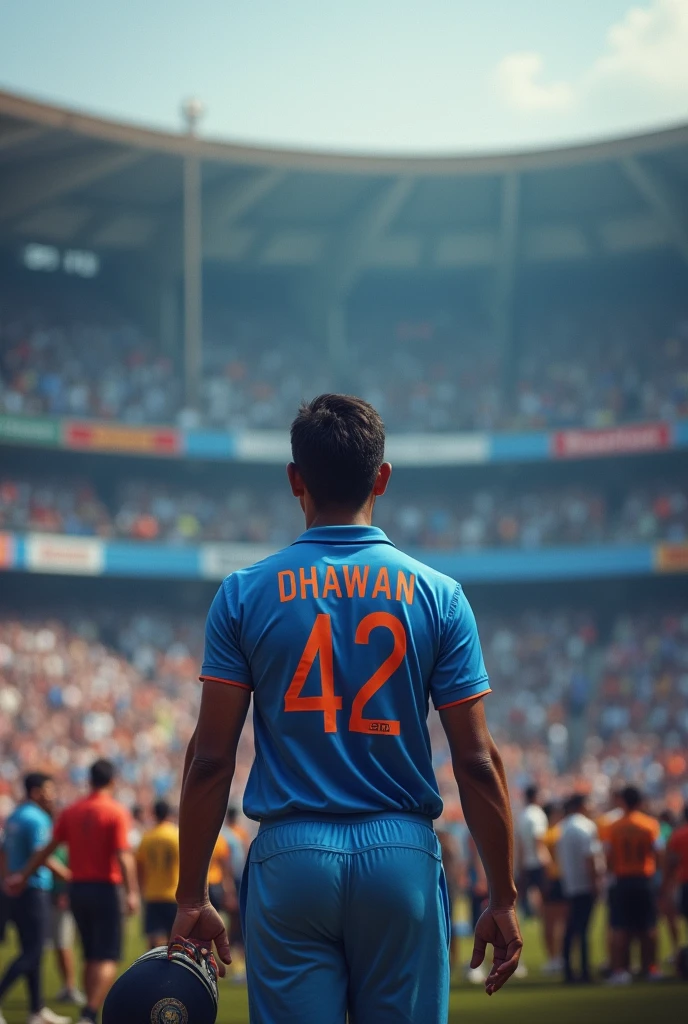 A cricketer named Dhawan retiring from cricket in Indian cricket team smiling with tears in the center of stadium between a large crowd showing his name on the backside of tshirt