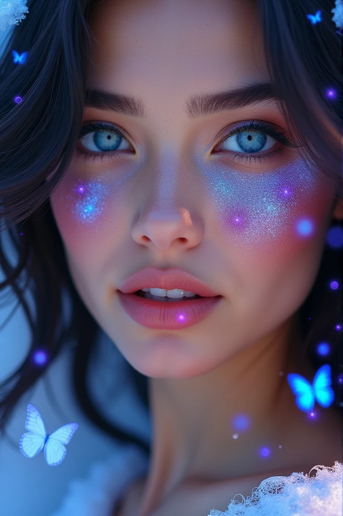 HD photo, INTENSE SAPPHIRE SKY BLUE EYES just the face of a beautiful Russian woman like Aphrodite, with black hair in waves and sapphire blue eyes as clear as the sky, SAPPHIRE BLUE EYES STAND OUT, with purple and pink glitter on her face, Looking forward in profile, that only his face is seen, In the background a beautiful place with pink sparkles and blue butterflies, daylight glow, with shine in the air, LET YOUR EYES BE THE MOST IMPORTANT THING AND THE ONLY THING THE IMAGE FOCUS ON