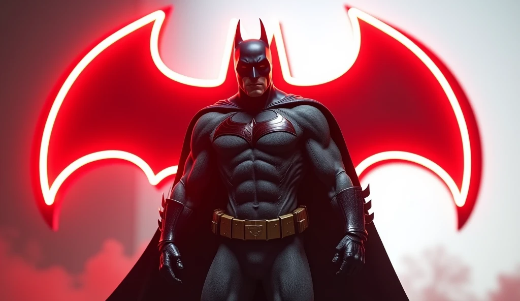 Batman (Dc comics), a giant red neon sign on white, hiperrealisitics, realisitic, a very muscular body in the renatosphere, epic 3D realism, swollen muscles, large fists, best in wlop, kan liu, daz3d, trends in CGsociety, estilo realisitic hiperdetalhado, completo cosplay, by Ric Nagualero, album, hyung tae kim, 8k, irreal engine 5, film composition, retratos realisitics hiperdetalhados, 3D game art, CG Society, Fantasyart, hd art of season, estética realisitic, cinematic lighting, border light, smooth light, border light de filme, fine glow, ultradetailed, 8k, uso realisitic de luz e cor, cinematic light, rendered in cinema4d 500–1000 AD -- ar 3:4- Niji 6