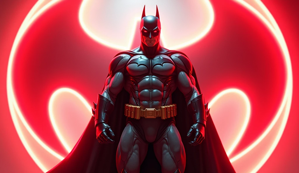 Batman (Dc comics), a giant red neon sign on white, hiperrealisitics, realisitic, a very muscular body in the renatosphere, epic 3D realism, swollen muscles, large fists, best in wlop, kan liu, daz3d, trends in CGsociety, estilo realisitic hiperdetalhado, completo cosplay, by Ric Nagualero, album, hyung tae kim, 8k, irreal engine 5, film composition, retratos realisitics hiperdetalhados, 3D game art, CG Society, Fantasyart, hd art of season, estética realisitic, cinematic lighting, border light, smooth light, border light de filme, fine glow, ultradetailed, 8k, uso realisitic de luz e cor, cinematic light, rendered in cinema4d 500–1000 AD -- ar 3:4- Niji 6