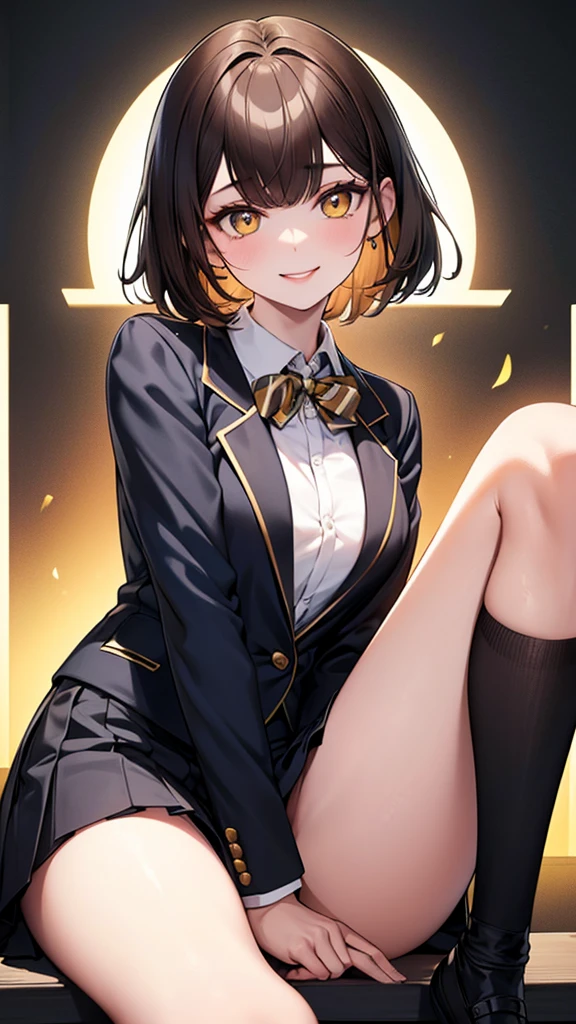 4K resolution,((Highest quality)),Ultra-high resolution,young woman, alone, sexy, (A fleeting smile), (Pale yellow eyes), Beautiful and symmetrical face, (Brown set medium hair),Blazer uniform,Dress shirt,Pleated mini skirt,Knee-high socks,Realistic:1.4,Realistic:1.4,(masterpiece:1.2),Perfect Eyes,Perfect Eyes,Perfect Legs,Open your legs a little,classroom,(Fellatio gestures:1.1),(Open your mouth:1.2)