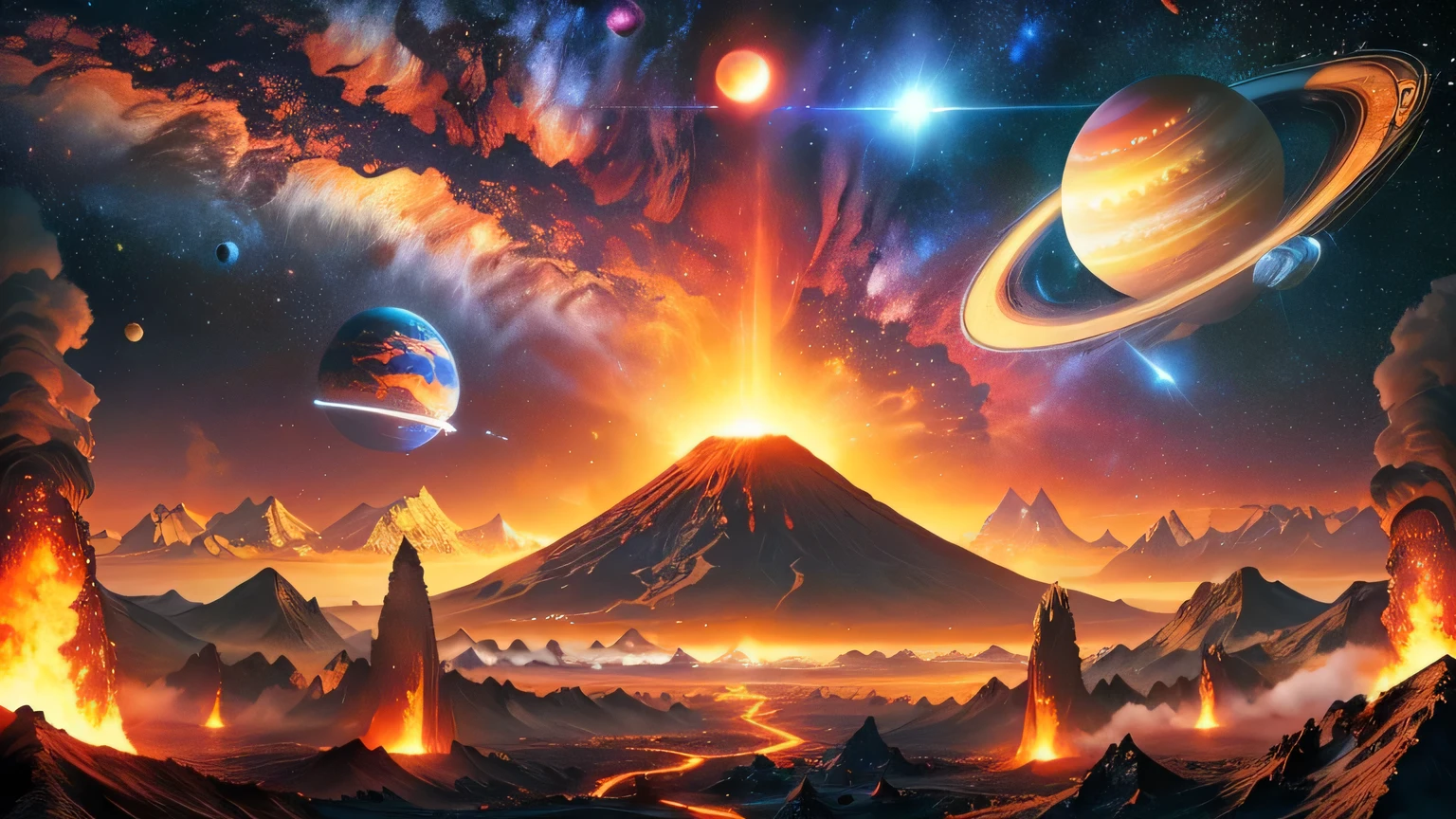 a close up of a mountain with a volcano and planets in the background, planetary landscape, surreal space, spacescape, cosmic landscape, highly detailed digital art in 4k, planet landscape, fantasy planet, fantasy space, planets behind, alien planet, planets in the background, meaning of life in the universe, extraterrestrial paradise, planets and galaxies