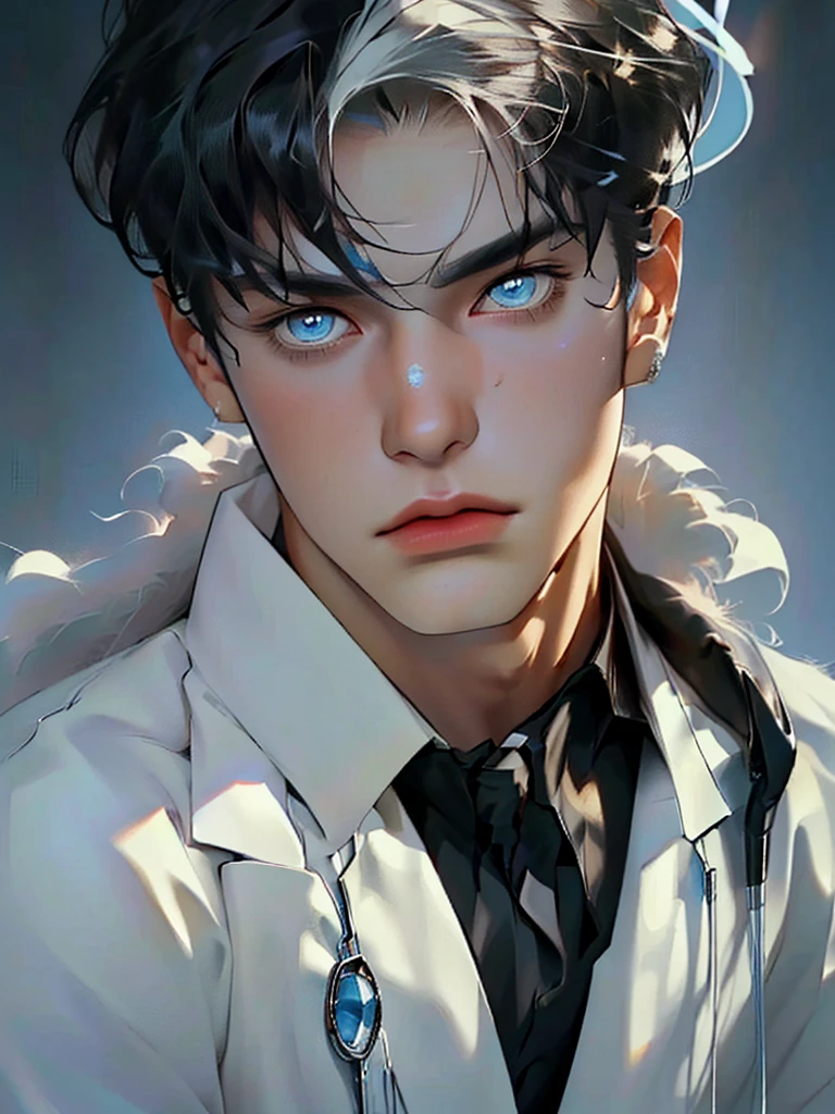 ((Maximum quality, work of art, 4K, finely detailled, detailedeyes, face detailed, gelbooru, pixiv)), warm lighting, ((standing alone)), 1 men, bonitas, masculine, adult and mature man, broadshouldered, Close face ((black hair with white and blue streak in the bangs, Halo), portraite, gentle face. looking at the observer, ((calm eyes, half covered, blue eyes with white pupils)), wearing a black and blue and gold suit, having blue wings), city background in angelic sky