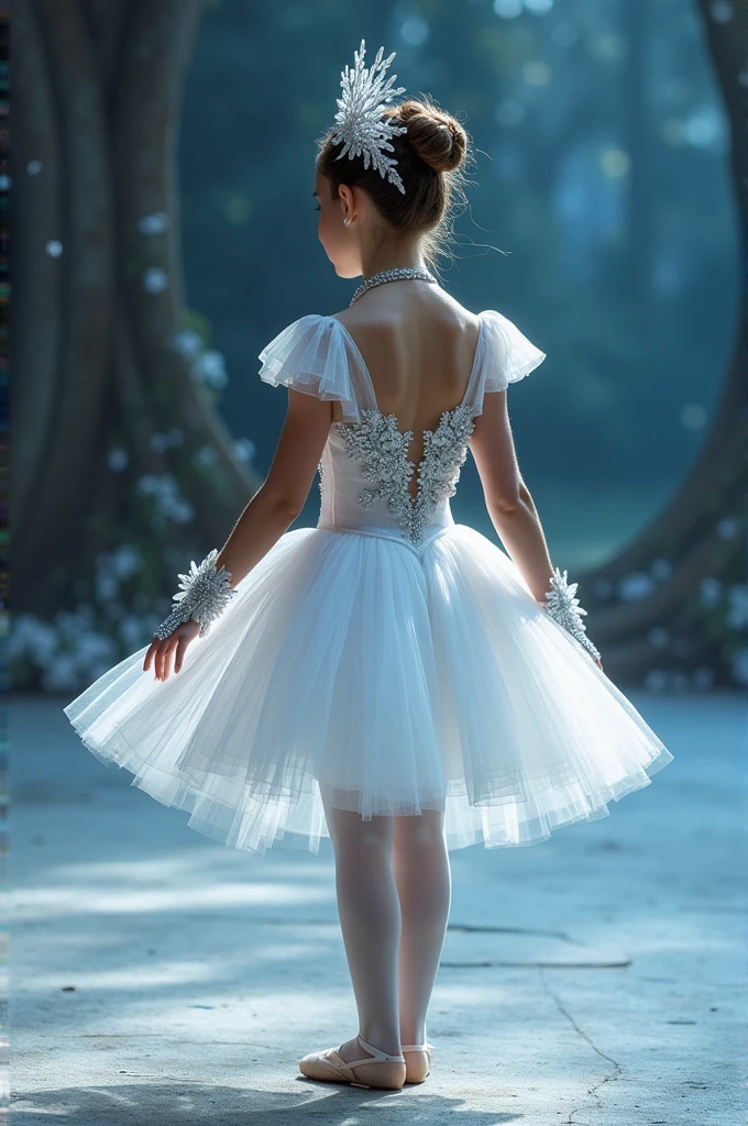 Make me a ballet costume for snowflakes from The Nutcracker, something pretty and elegant, a romantic tutu, white with silver, that looks magical and reaches their knees