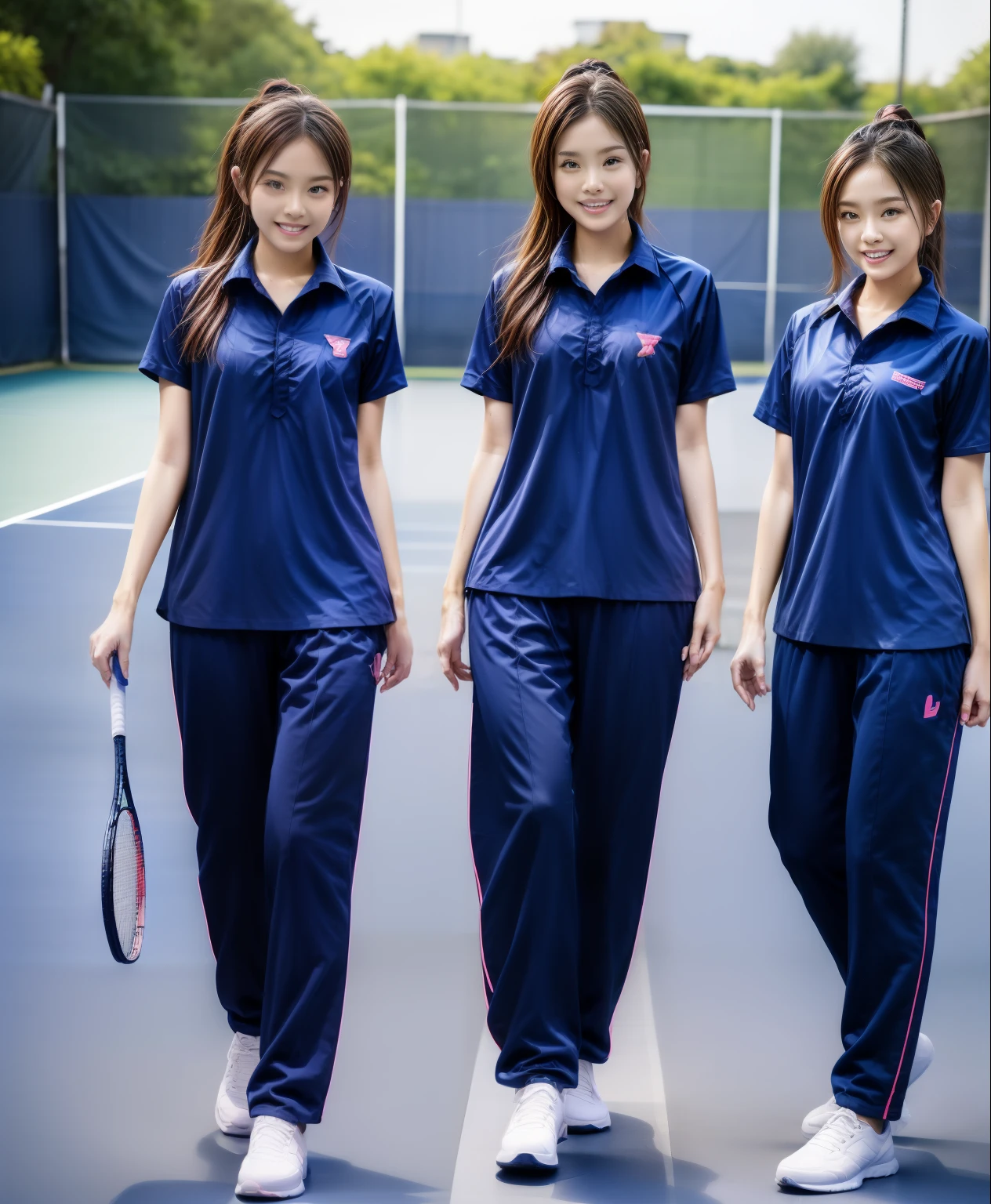 3 girls play tennis at tennis courts, Navy blue short-sleeved shirt,Navy Long Trackpant,Sweatpants, Sweatpantsขายาว,2 girl, lesbian, sexy, exercise clothes, wet body, exercise clothes