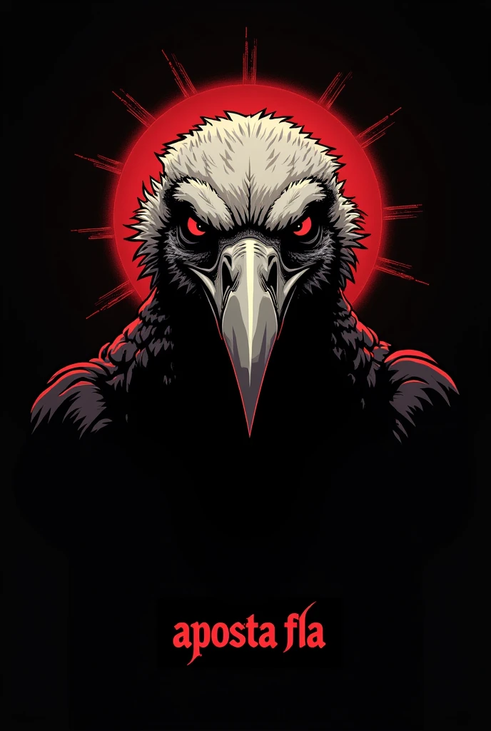 Make a vulture with only the head part in the middle of the screen with an angry face, in black and red and written at the bottom “APOSTA FLA”