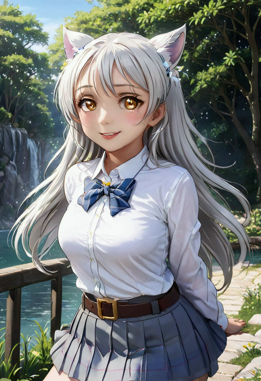 1girl, yellow eyes, long hair, white hair, sitting, cewe-sma, from fitting, white shirt, gray skirt, belt, looking at viewer, light smile, arms behind back, nature, hair ornament, animal ears, water 