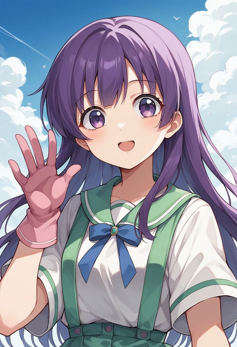 Anime girl with long purple hair and pink gloves, Marin Kitagawa Fan Art, (Anime Girl), Anime Moe Art Style, Anime Style, Anime Best Girl, Anime !!!!!!!!!!!!!!!, Zero Chan Art, Anime Girl, Cute Anime Manga Style, Anime Art Style, Cute Anime Girl [Guess no Ko], Yokoyari Mengo, Idol Singer, Blue Sky, Sunset