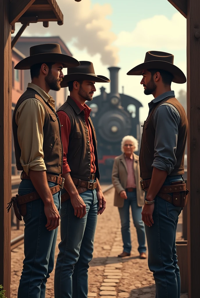 4 handsome cowboy men say goodbye to a handsome 2 friend who is going on a trip with a train behind them, a grandmother and a grandfather next to them