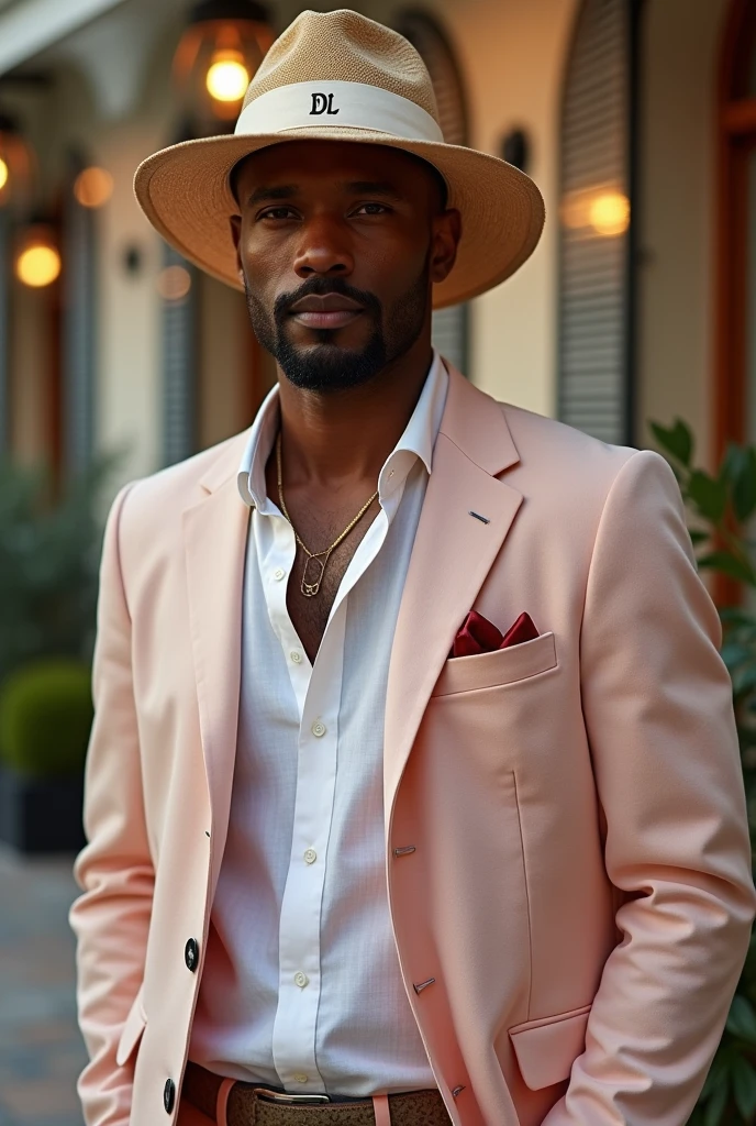 Forty year old black man, very elegant and sophisticated, with a goatee,wearing Panama hat, from middle aba, linen shirt, white, Slim Italian cut blazer in salmon and baby pink colors.
Light brown Italian loafer shoes. The initials DL are written on the hat band and the lapel of the blazer..
the image takes place at dusk
