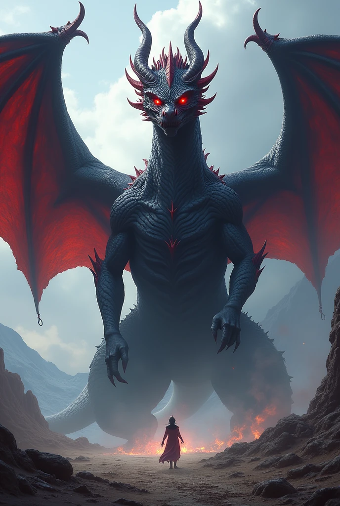 Create a dragon (um dragão de house of the dragon) a very large, very dark black dragon with red details and red eyes 