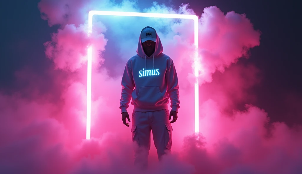 A neon young man wearing a hoodie that reads 'SiMus', baseball cap, long cargo pants crashing through swirling smoke, his form outlined in a glowing picture frame, a ghost full of determination and courage, masterpiece, 4k, photorealistic, dynamic lighting, cinematic, volumetric lighting, dramatic, moody, hyperrealist, intricate details, vibrant neon colours, ethereal, mystical, powerful, captivating, surreal, digital art