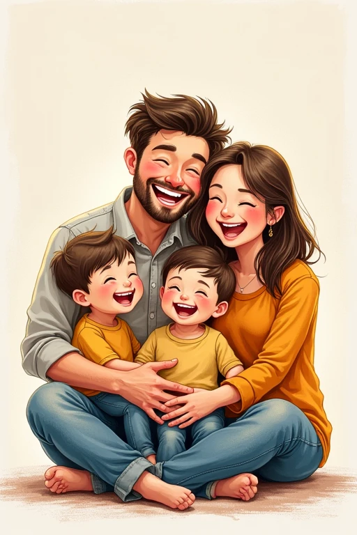 Writing with crayons、A cute family of four laughing happily、They are hugging each other、Pale line illustration