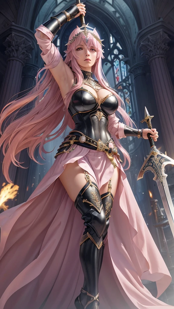 Congregation,Joan of Arc,Long flowing pink hair,head ornaments,Big breasts,Neck gemstone jewelry,Breast Binding,mini lace skirt,Steel armor gloves,Steel armor long high heels,.best quality,masterpiece,Ultra-high resolution（2：0）,special magic sword,The sword is long and sharp,The sword has magic runes attached to it,