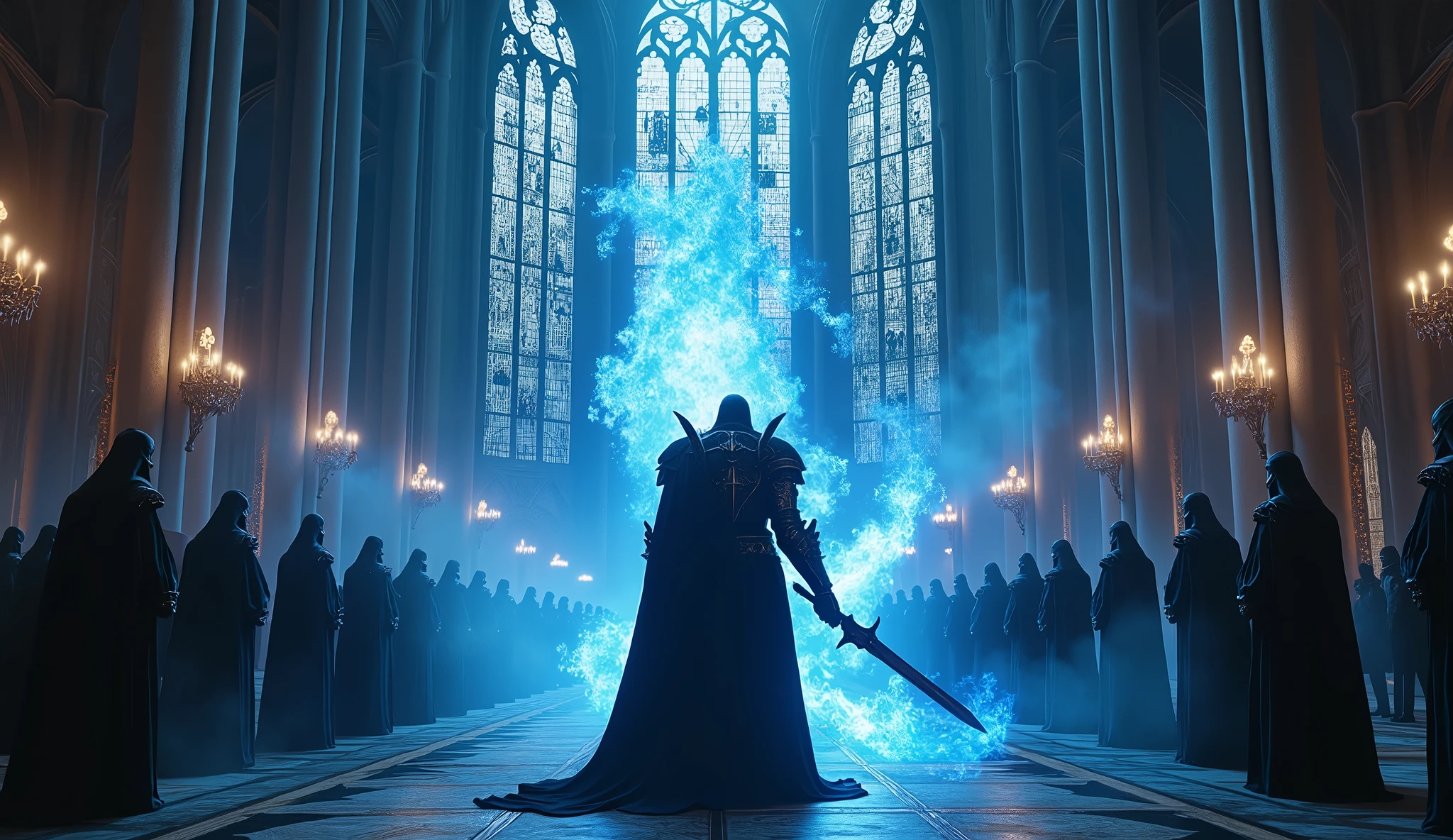8k、Equipped with dark knight armor and sword ,large stained glass ,(number々の賞を受賞したmasterpiece、Incredible detail、Texture、Maximum details),blue flame candle, (summoning magic),(A cave with beautiful moonlight late at night), (dark ritual),(dark organization)arafed image of a group of people in a church with candles,lit candle, dark cinematic concept art, elegant cinematic fantasy art, photorealistic dark concept art, by Beeple, dark robes, wojtek fus, gothic epic library concept, gothic epic library, epic cinematic concept art, dark concept art, Beeple and mike winkelmann, symmetrical epic fantasy art, High resolution, masterpiece, Highest quality, Intricate details, Very detailed, Clear focus, practical skin texture, texture, Shot with Canon, 85mm, Shallow and deep, Kodak Vision Color, Exactly, Very detailed, photograph_\(Extremist\), photographpractical, practical, Post-processing, Maximum details, Roughness, Real Life, Extremist practical, Photorealism, photographgraphy, 8K Ultra HD, photographgraphy