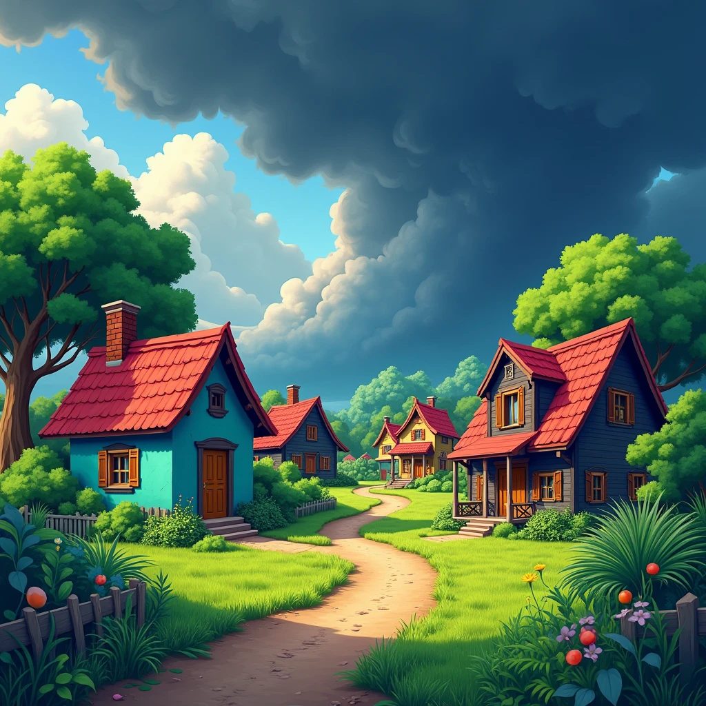 "Daytime rural village with lush greenery, colorful houses (one teal with red roof, one with dark wooden textures), bright grass, large trees, and a dirt path. The sky is dark and dramatic, hinting at a storm. The art style is vibrant, painterly, and slightly surreal."