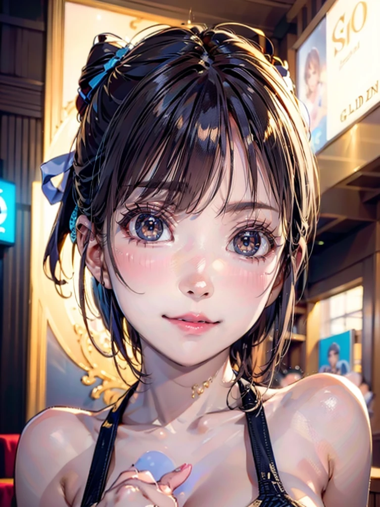 One Girl,(とてもcute少女:1.3),masterpiece,Highest quality,High resolution,Photorealistic,RAW Photos,Ray Tracing,Physically Based Rendering,beautiful girl,(:1.3),cute,Big eyes,(detailed pupils:1.2),(The face is facing sideways:1.3),Body facing sideways,Beautiful nose,High nose,Upturned nose,Fuller lips,Short black hair,ponytail,short hair,Detailed eyelashes,Thin eyebrows,Very fine grain definition,(Golden Ratio:1.3),(Face close-up,Face Focus:1.0),Small breasts,Slim figure,Short neck,White swimsuit,White Bikini,Ocean,Southern Island,Blue sky,White cloud,Portrait,View Viewer,Upper Body,Cinema Lighting,High resolution,Very detailed