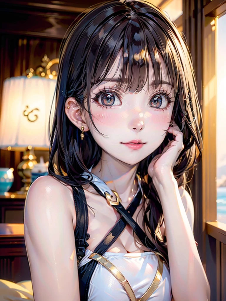 One Girl,(とてもcute少女:1.3),masterpiece,Highest quality,High resolution,Photorealistic,RAW Photos,Ray Tracing,Physically Based Rendering,beautiful girl,(:1.3),cute,Big eyes,(detailed pupils:1.2),(The face is facing sideways:1.3),Body facing sideways,Beautiful nose,High nose,Upturned nose,Fuller lips,Short black hair,ponytail,short hair,Detailed eyelashes,Thin eyebrows,Very fine grain definition,(Golden Ratio:1.3),(Face close-up,Face Focus:1.0),Small breasts,Slim figure,Short neck,White swimsuit,White Bikini,Ocean,Southern Island,Blue sky,White cloud,Portrait,View Viewer,Upper Body,Cinema Lighting,High resolution,Very detailed