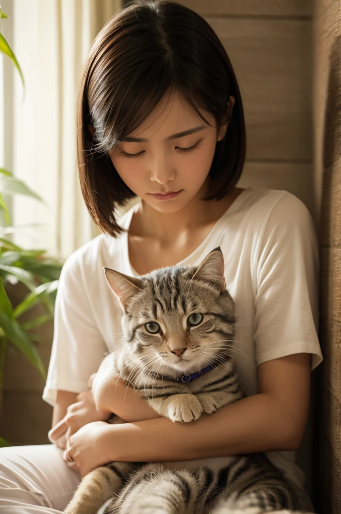 A woman who is comforted by her pet