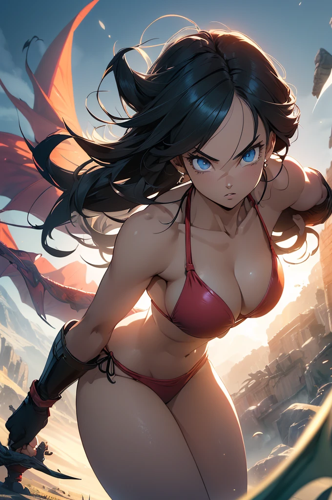 (Highest quality,4K,High resolution,masterpiece:1.2), (Ultra-detailed), (Slender beauty)(Age 27)(Holding a sword:1.3) (Dynamic Art), (looking at the camera) (Dragon Ball Z setting), (The whole body is visible)(Vision:1.8), (Realist,photoRealist,photo-Realist:1.37), (High resolution,High resolution), (Portraiture), (Vibrant colors), (Long legs), (A noticeably elongated face), (Wide range) (Hermosos Fine grain), (Beautifully detailed lips), (Highly detailed eyes and face), , Bright eyes Dynamic angles and postures, Sweatびっしょり, Sweat,  (Long eyelashes), (Sharp focus), (Physically Based Rendering), (8 heads,Beautiful female warrior), (Mature Woman) (Leg spread), (intense), (expression of intense desire), (Motion Blur), (elegant), (Slim figure:1.3), (Inspired by anime), (Bright light), (Cinema Lighting), (Contrasting colors), (Mysterious atmosphere), (Action-packed scenes), (Unique Look), (impressive), (Reveal costumes), (Exciting), (Expressive), (Interesting atmosphere), (monster:1.4) ((Highest quality)),((Very detailed)),masterpiece,Absurd,Detailed face,Beautiful Face,(Fine grain, Deep Eyes),((Dynamic pose)), (((Long white hair,Adult beauty,Inspired by Akira Toriyama))),(((Bikini Armor))),grassland,((In battle with dragons,)),Distant view	Vision
Wide shot	広角
Long shot
