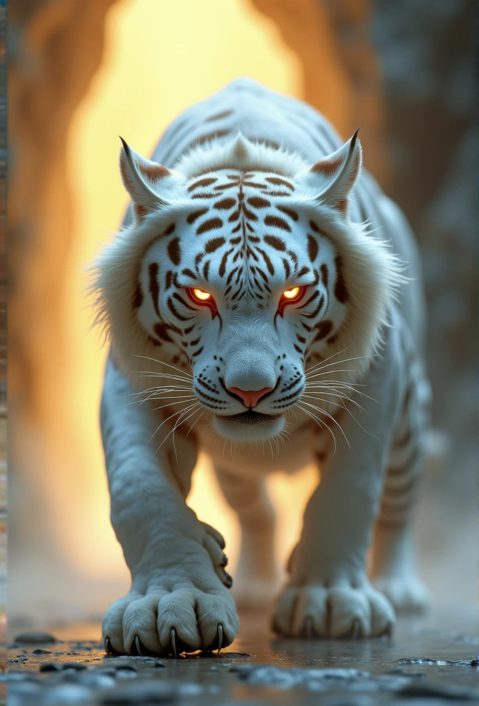 Light and dark contrast, Divine Light, Cleavage close-up, From below, Hyper HD, Acura, masterpiece, Super Detail, high quality, High detail, Awards, The best quality at its best, High resolution, 8k ,
((A close-up of the mythical white tiger's entire body)), Sacred beasts from the Shanhaijing, Perfect body, Transparent Hair, Angry Eyes,Metal properties,(Has white fur and paws),Big Yellow Cave Well,,masterpiece,超High resolution,Exquisite details create stunning images, Spectacular Effects