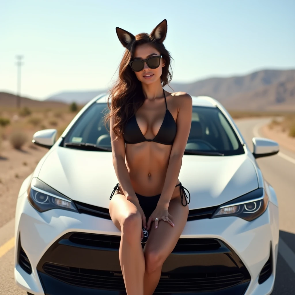 Latin woman, , White skin, Brown hair, huge breasts, huge buttocks, athletic legs, open legs, dark sunglasses, black bikini, tennis Nike, fox ears, sitting on the hood of a white 2016 Toyota Corolla car, in the middle of a deserted road, Photo taken with Canon EOS 5DS