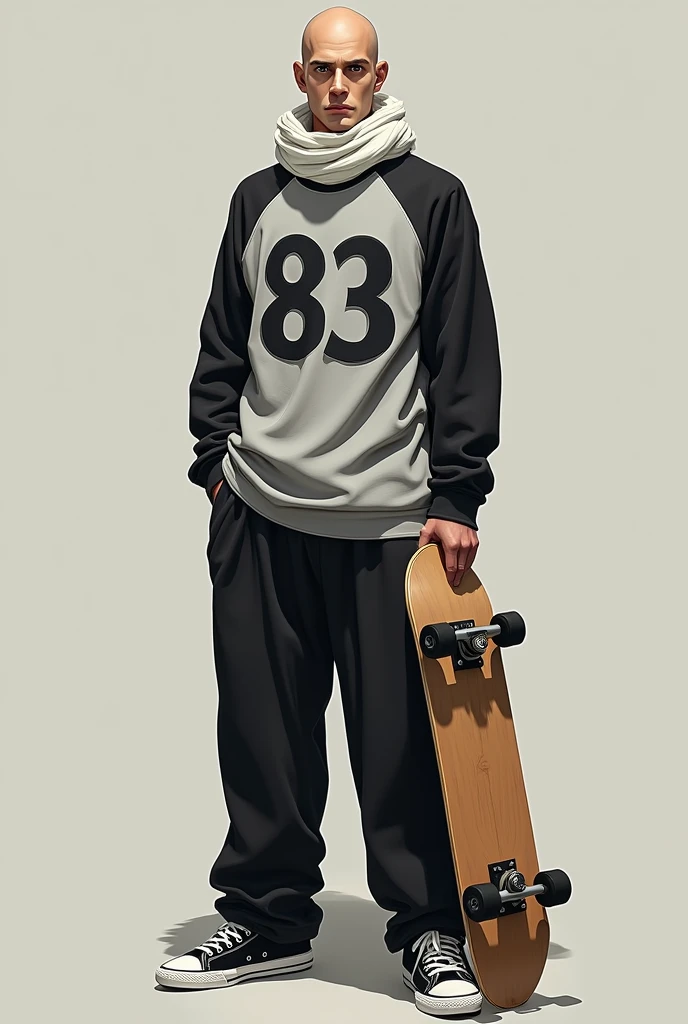 Make me a man, with white skin (bald), brown eyes, dressed with a white scarf on his head, a wide baseball shirt with the white number in the center "83" and that the shirt be in black, gray and white tones as well. wide baggy pants and white and black sneakers and a skateboard