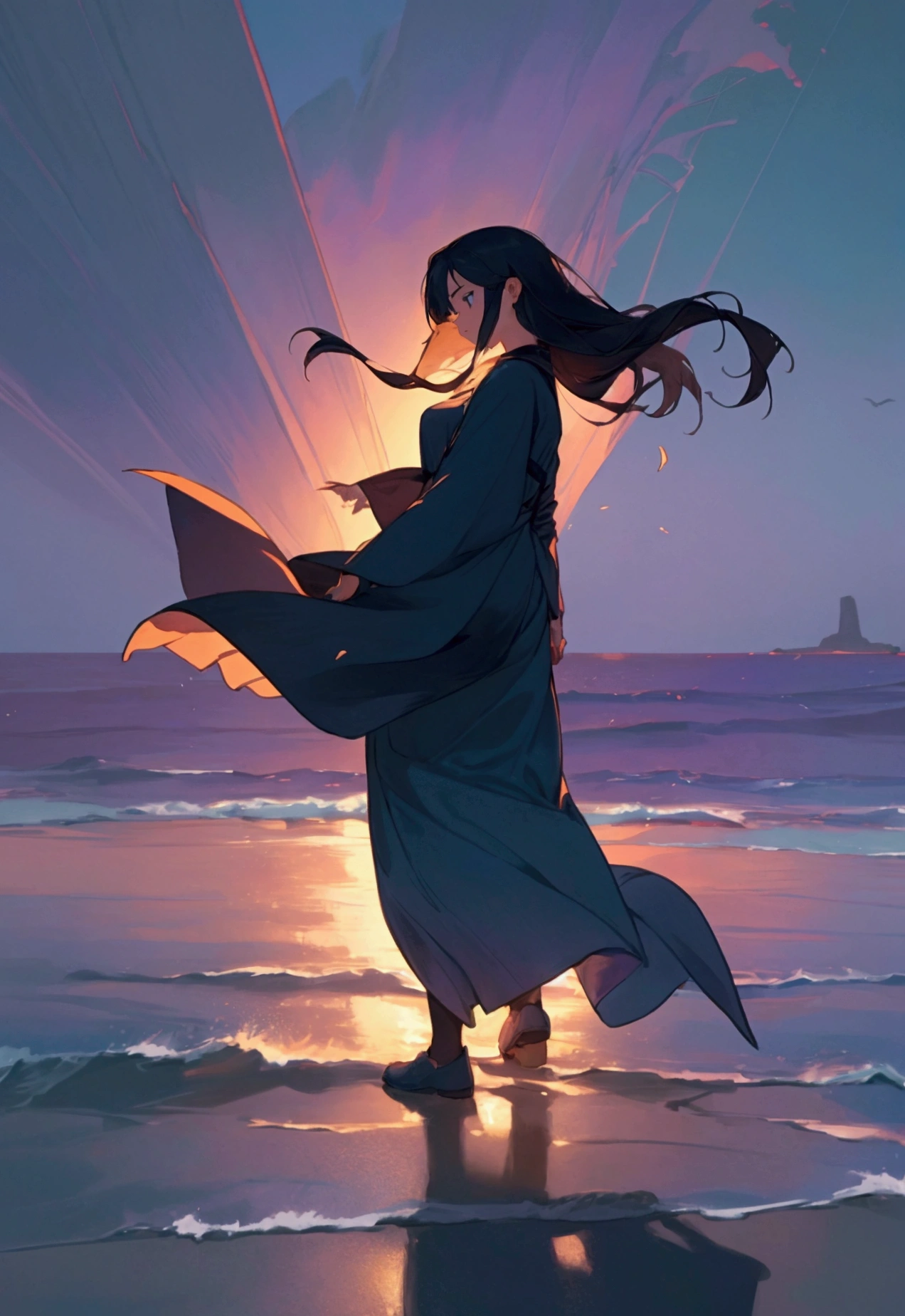 "Generate an album cover image based on the lyrics provided. The background should depict a pre-dawn sky in deep blues and purples, with a faint light on the horizon symbolizing hope. The sea is calm, with gentle waves reflecting the light. In the center, there is a silhouette of a woman standing, her figure swaying slightly in the wind. She is facing forward, ready to step into the future, leaving shadows behind her. Ahead of her, a subtle path stretches out, representing her determination to move forward. The overall mood should capture the themes of release from the past and the resolve to embrace the future."