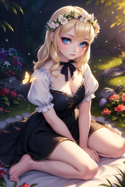 1 snow white, portrait, garden, flowers, butterflies, hummingbirds, bees, sitting on grass, flower crown, blonde hair, blue eyes, fair skin, black hair, traditional Disney Snow White dress, barefoot, (best quality, 4k, 8k, high-res, masterpiece: 1.2), ultra-detailed, (realistic, photorealistic, photorealistic: 1.37), surreal, hyper-detailed, fantasy, vibrant colors, dramatic lighting, volumetric lighting, beautiful detailed eyes, beautiful detailed lips, extremely detailed eyes and face, long eyelashes, mystical, ethereal