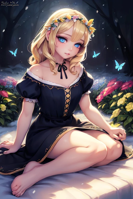 1 snow white, portrait, garden, flowers, butterflies, hummingbirds, bees, sitting on grass, flower crown, blonde hair, blue eyes, fair skin, black hair, traditional Disney Snow White dress, barefoot, (best quality, 4k, 8k, high-res, masterpiece: 1.2), ultra-detailed, (realistic, photorealistic, photorealistic: 1.37), surreal, hyper-detailed, fantasy, vibrant colors, dramatic lighting, volumetric lighting, beautiful detailed eyes, beautiful detailed lips, extremely detailed eyes and face, long eyelashes, mystical, ethereal