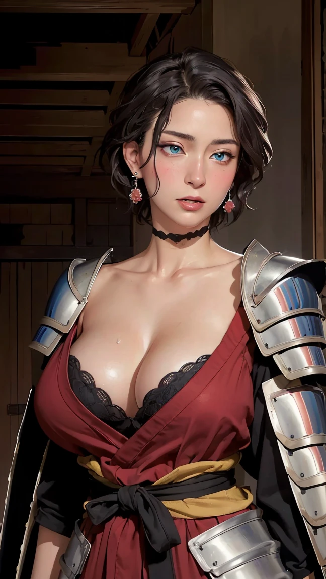 ((((masterpiece, best quality, high resolution)))), Extremely detailed 8K, Beautiful girl with voluptuous body, (Ultra HD, Ultra-detailed, Highly detailed, Highly realistic, Ultra-realistic, photograph realistic), (1girl:1.5), (Realistic black hair), (short wavy hair, earrings), (dynamic poses), facing at camera, looking at viewer, (blushing red, embarrassed), (blue eyes, sharp eyes), (perky breasts:1.2), (beautiful detailed face, beautiful detailed eyes), ((samurai metal armor, breasts plate)), (standing up), sweat, glow, (sunbeam, sunlight), ((cowboy shot)), inside dungeon, seductive