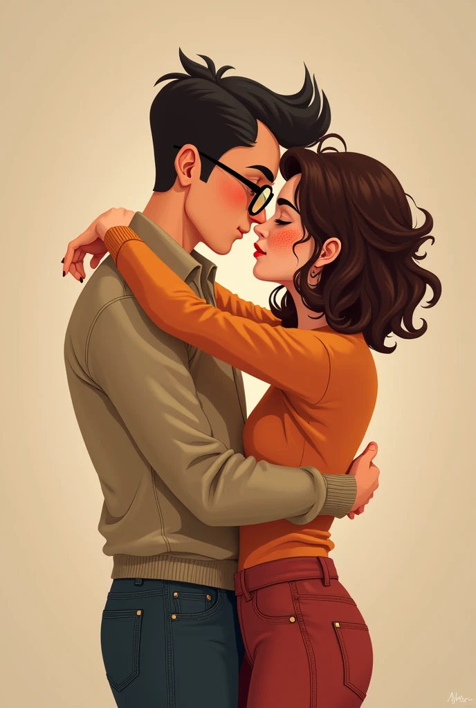 One with a pompadour who wears big glasses and one with curly hair and low freckles hugging