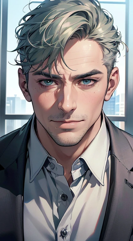 (best quality,4k,8k,highres,masterpiece:1.2),ultra-detailed,(realistic,photorealistic,photo-realistic:1.37),1 man,3,mature man,very handsome,without expression,smile,short grey green hair,blue eyes,penetrating gaze,perfect face without errors,imposing posture,businessman,office background,cinematic lighting,hdr image