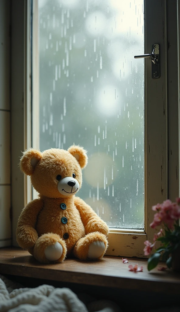 A teddy bear sitting on a window sill while it was raining. 