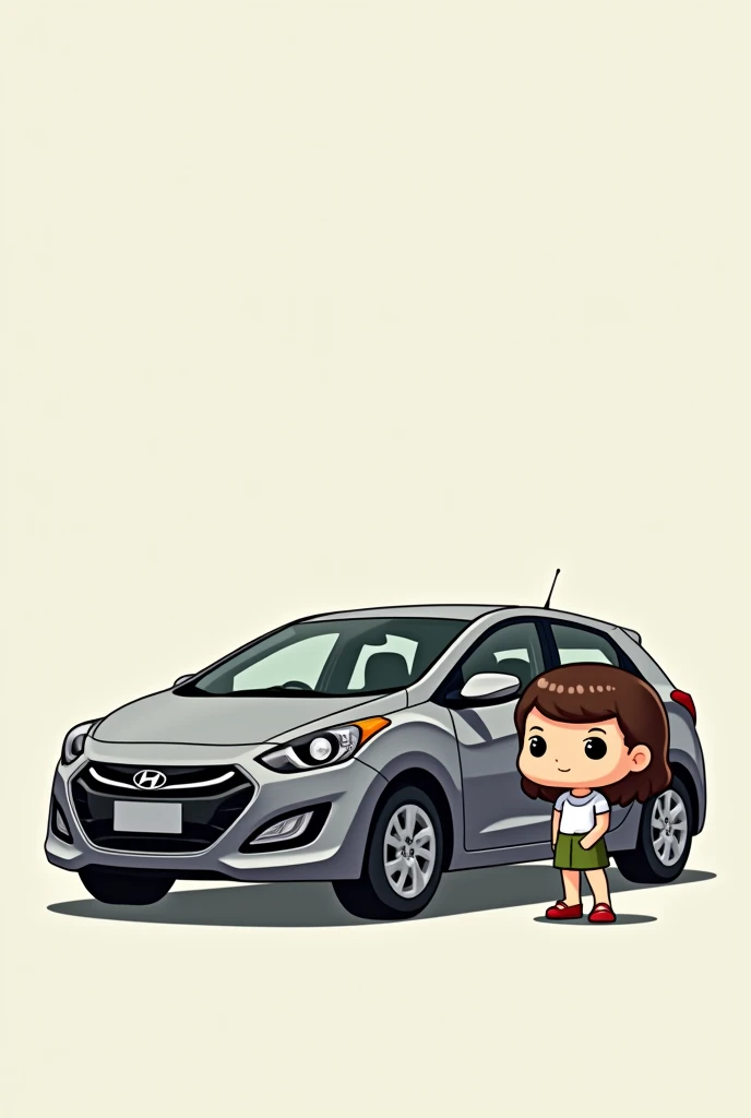 Hyundai i30 year 2012 gray color with a young girl with a military green skirt and a white short t-shirt funko pop style