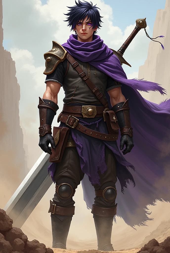 Tall in stature, Young adult mercenary, battle hardened leather armor, dusty ripped scarf, long cape, heavy greatsword, short messy black hair with purple highlights, beautiful violet eyes, scar on his closed left eye