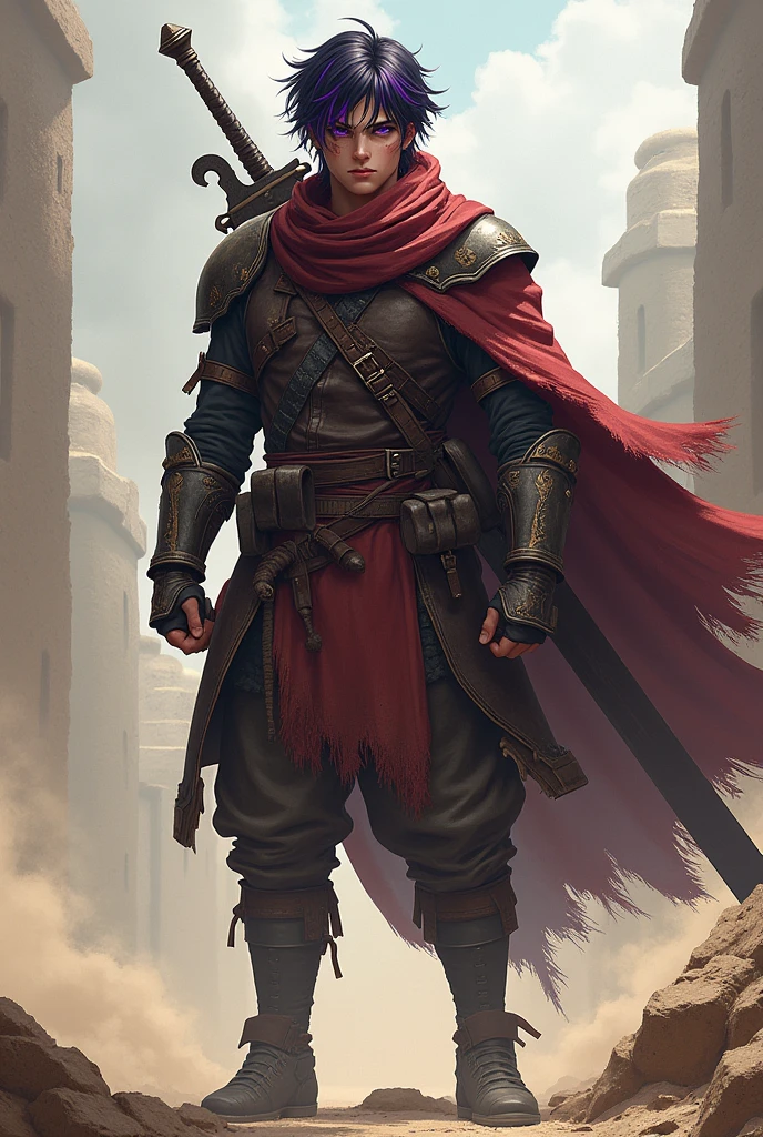 Tall in stature, Young adult mercenary, battle hardened leather armor, dusty ripped scarf, long cape, heavy greatsword, short messy black hair with purple highlights, beautiful violet eyes, scar on his closed left eye