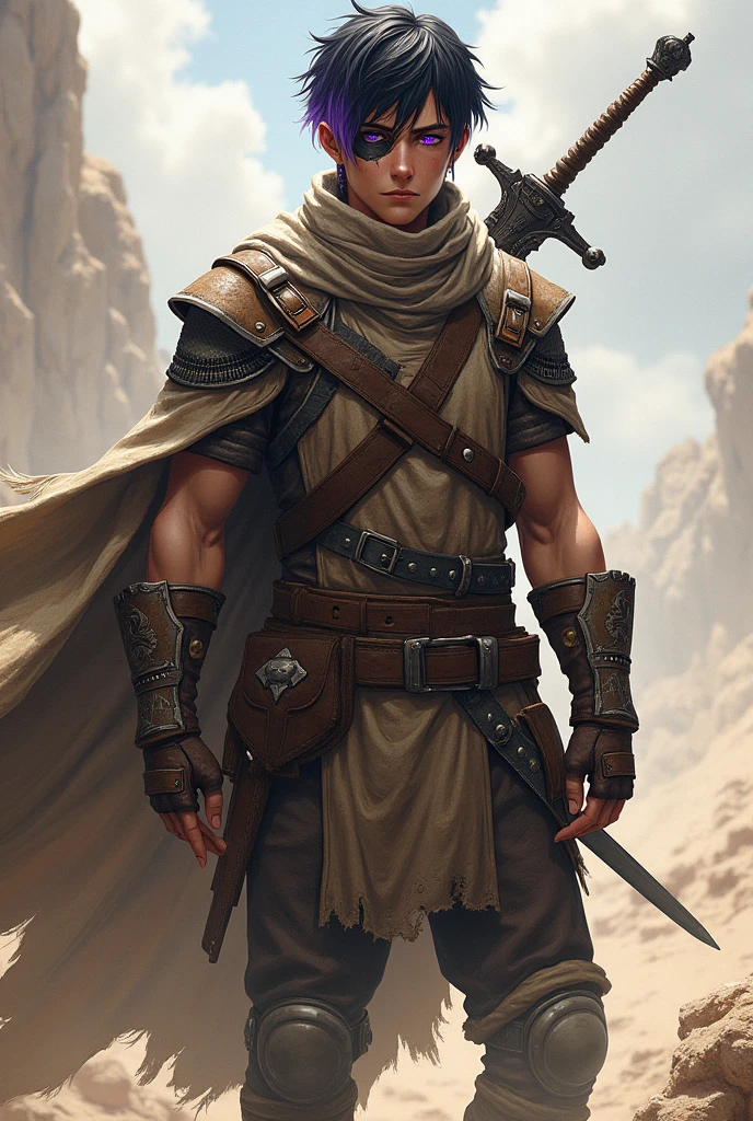 Tall in stature, Young adult mercenary, battle hardened leather armor, dusty ripped scarf, long cape, heavy greatsword, short messy black hair with purple highlights, beautiful violet eyes, scar on his closed left eye