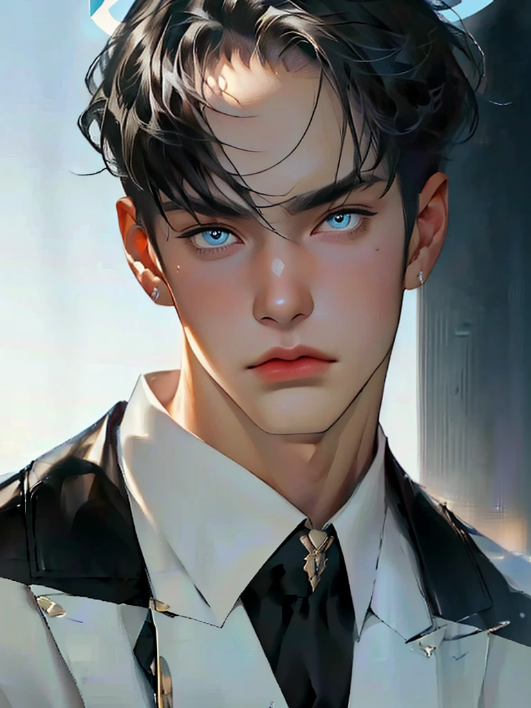 ((Maximum quality, work of art, 4K, finely detailled, detailedeyes, face detailed, gelbooru, pixiv)), warm lighting, ((standing alone)), 1 men, bonitas, masculine, adult and mature man, broadshouldered, Close face ((black hair with white and blue streak in the bangs, Halo), portraite, gentle face. looking at the observer, ((calm eyes, half covered, blue eyes with white pupils)), wearing a black and blue and gold suit, having blue wings), city background in angelic sky